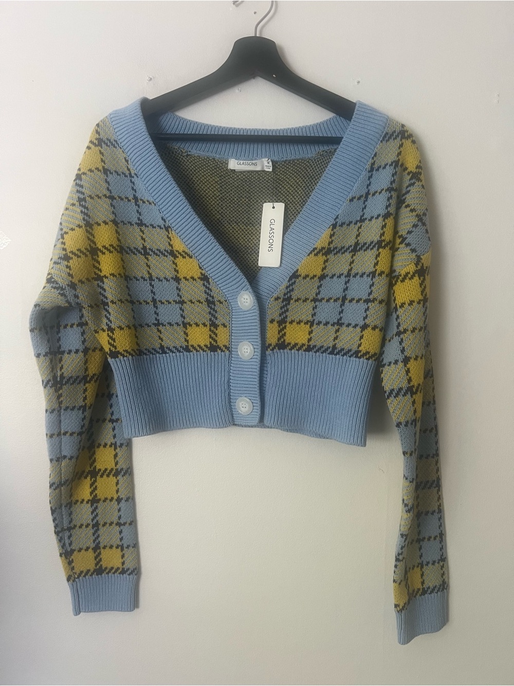 Glassons Blue/Yellow Cropped Plaid Cardigan, size M, preppy academia casual NWT